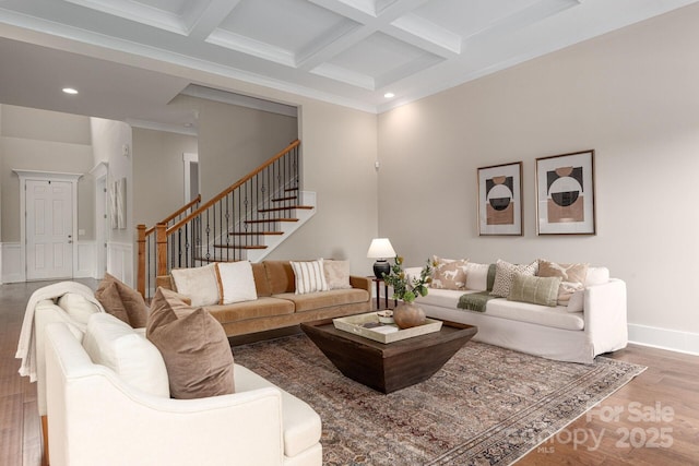 3009 Ocaso Ct, Matthews, NC 28104 - living room with beamed ceiling, coffered ceiling, wood finished floors, recessed lighting, and stairway
