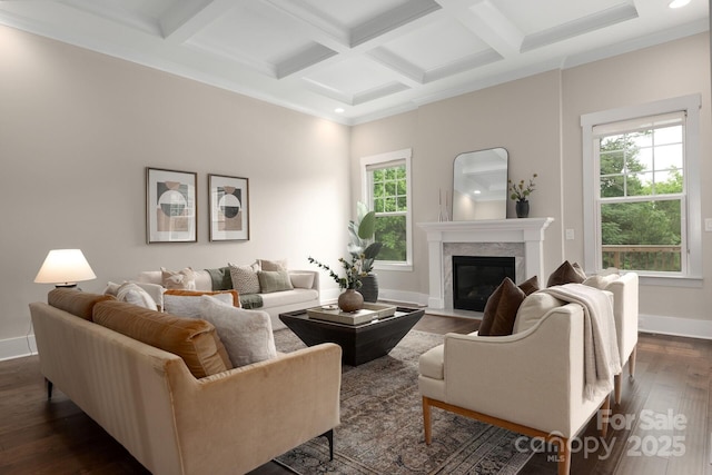 3009 Ocaso Ct, Matthews, NC 28104 - living area with healthy amount of natural light, coffered ceiling, baseboards, dark wood-style floors, and beam ceiling