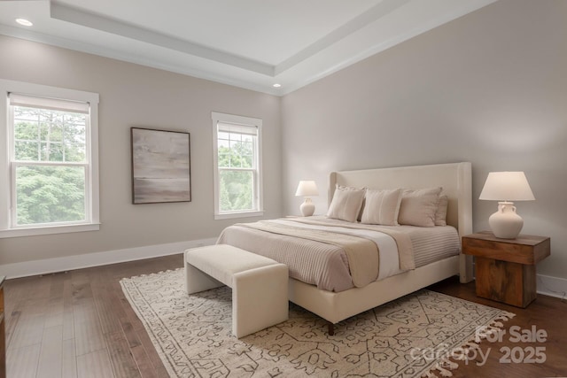 3009 Ocaso Ct, Matthews, NC 28104 - bedroom with multiple windows, a raised ceiling, wood finished floors, baseboards, and recessed lighting