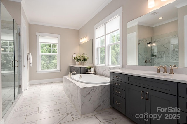 3009 Ocaso Ct, Matthews, NC 28104 - full bath with marble finish floors, ornamental molding, a garden tub, a marble finish shower, and vanity