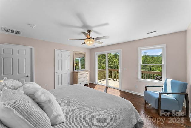 2508 Wolf Pit Rd, Morganton, NC 28655 - bedroom with access to exterior, wood finished floors, baseboards, and ceiling fan