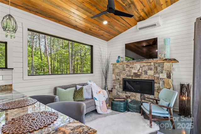 2508 Wolf Pit Rd, Morganton, NC 28655 - living room featuring a wall mounted air conditioner, lofted ceiling, wood walls, wood ceiling, and a fireplace