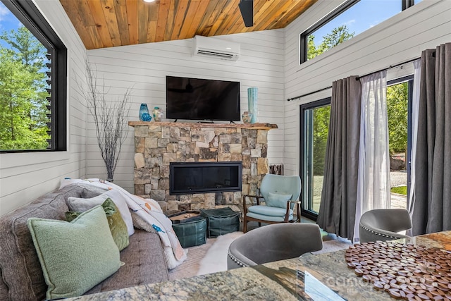2508 Wolf Pit Rd, Morganton, NC 28655 - living area featuring wood walls, lofted ceiling, healthy amount of natural light, wooden ceiling, and a wall unit AC