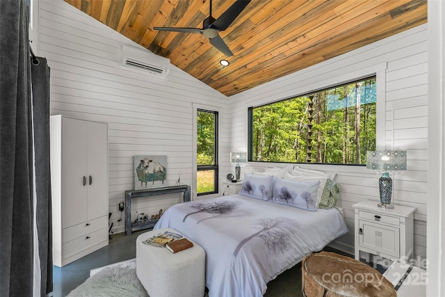 2508 Wolf Pit Rd, Morganton, NC 28655 - bedroom with multiple windows, wood ceiling, vaulted ceiling, wood walls, and concrete floors