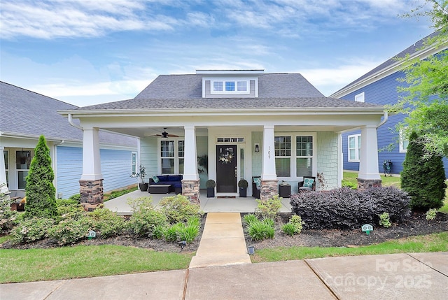 109 Mac Aly, Cramerton, NC 28032 - view of front of property with a porch, ceiling fan, an outdoor living space, a shingled roof, and stone siding