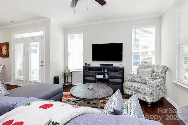 109 Mac Aly, Cramerton, NC 28032 - living area with wood finished floors, a ceiling fan, ornamental molding, baseboards, and plenty of natural light