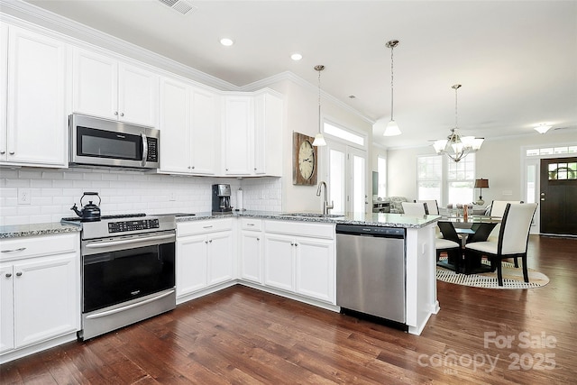 109 Mac Aly, Cramerton, NC 28032 - kitchen with appliances with stainless steel finishes, a sink, a peninsula, crown molding, and dark wood-style flooring