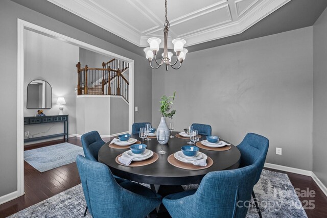 1035 Ivey Ct, Indian Land, SC 29707 - dining space with a chandelier, wood finished floors, baseboards, ornamental molding, and coffered ceiling