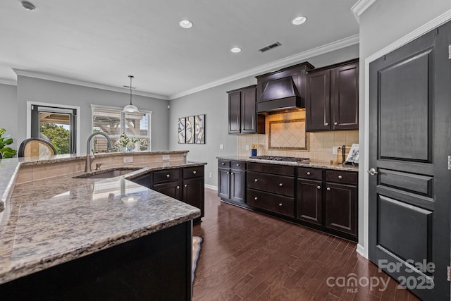1035 Ivey Ct, Indian Land, SC 29707 - kitchen with a sink, custom range hood, dark wood-type flooring, light stone countertops, and recessed lighting