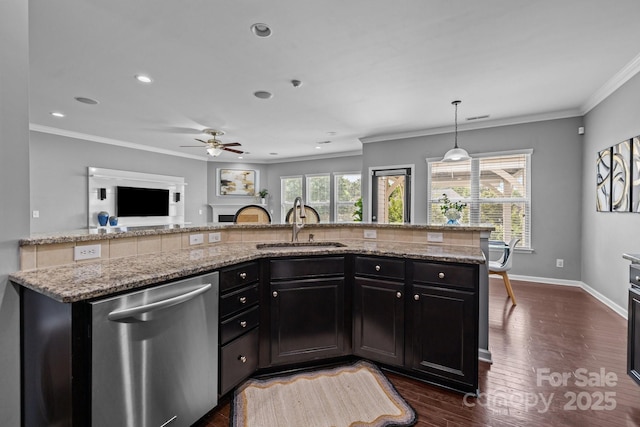 1035 Ivey Ct, Indian Land, SC 29707 - kitchen featuring dishwasher, a sink, ceiling fan, dark wood-type flooring, and crown molding