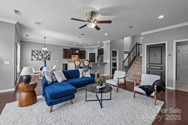 1035 Ivey Ct, Indian Land, SC 29707 - living area featuring baseboards, wood finished floors, ceiling fan, crown molding, and recessed lighting