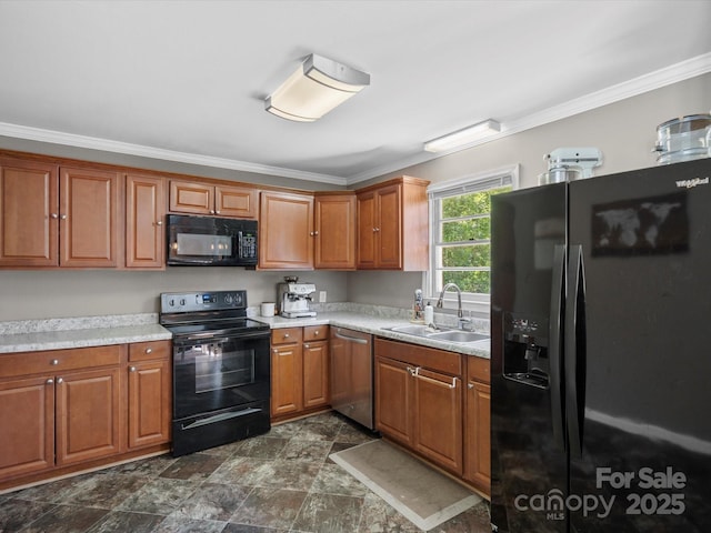 2451 Robert H Kirk Rd, Lancaster, SC 29720 - kitchen with black appliances, a sink, ornamental molding, light countertops, and brown cabinets