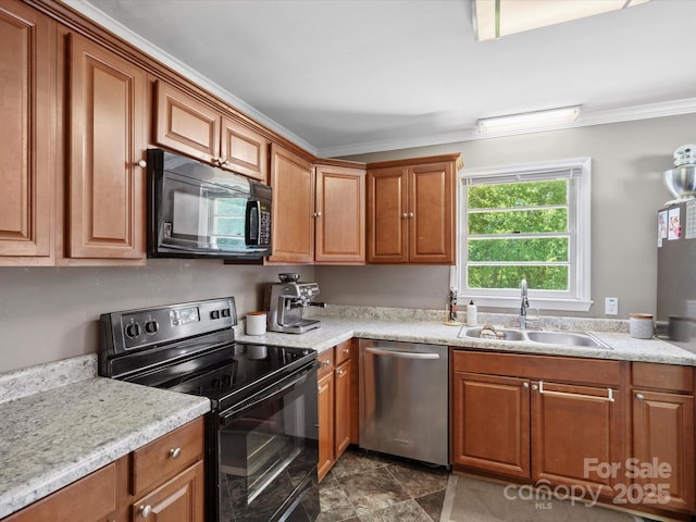 2451 Robert H Kirk Rd, Lancaster, SC 29720 - kitchen featuring black appliances, a sink, crown molding, and brown cabinetry
