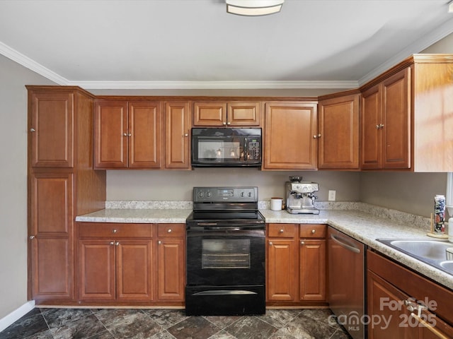 2451 Robert H Kirk Rd, Lancaster, SC 29720 - kitchen featuring black appliances, crown molding, light countertops, and brown cabinets