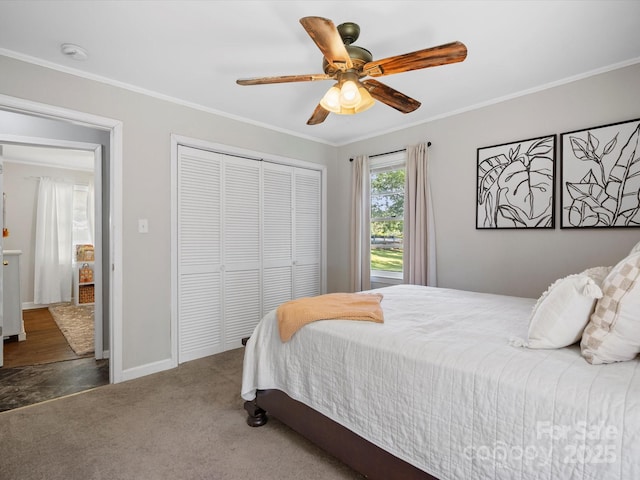 2451 Robert H Kirk Rd, Lancaster, SC 29720 - bedroom with a closet, crown molding, ceiling fan, baseboards, and carpet