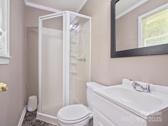 2451 Robert H Kirk Rd, Lancaster, SC 29720 - bathroom featuring ornamental molding, a shower stall, vanity, toilet, and baseboards
