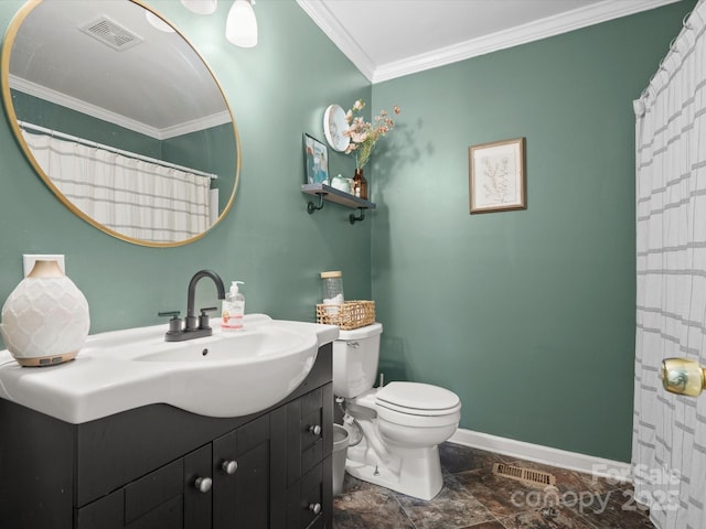 2451 Robert H Kirk Rd, Lancaster, SC 29720 - bathroom featuring vanity, toilet, crown molding, baseboards, and stone finish flooring