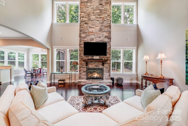 8070 Clems Branch Rd, Indian Land, SC 29707 - living area featuring arched walkways, a high ceiling, plenty of natural light, and wood finished floors