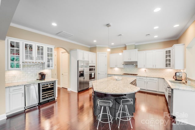 8070 Clems Branch Rd, Indian Land, SC 29707 - kitchen featuring beverage cooler, a sink, appliances with stainless steel finishes, under cabinet range hood, and arched walkways