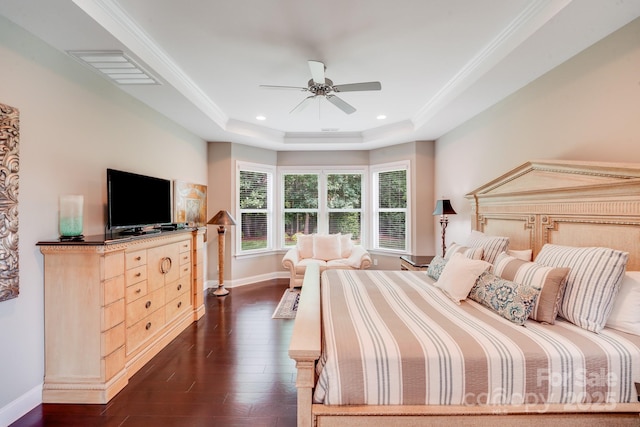 8070 Clems Branch Rd, Indian Land, SC 29707 - bedroom featuring a raised ceiling, dark wood-style floors, baseboards, recessed lighting, and ceiling fan