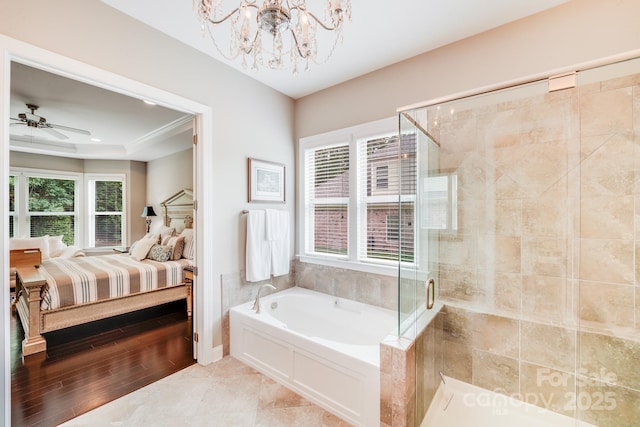 8070 Clems Branch Rd, Indian Land, SC 29707 - full bath featuring ensuite bath, a garden tub, a shower stall, a chandelier, and a tray ceiling