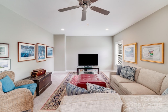 8070 Clems Branch Rd, Indian Land, SC 29707 - living room featuring light carpet, recessed lighting, a ceiling fan, and baseboards