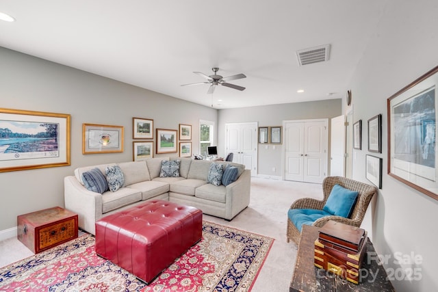 8070 Clems Branch Rd, Indian Land, SC 29707 - carpeted living room featuring recessed lighting, ceiling fan, and baseboards