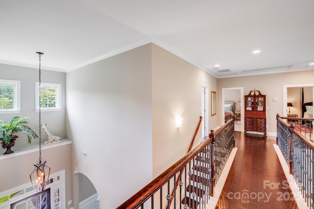 8070 Clems Branch Rd, Indian Land, SC 29707 - corridor featuring dark wood-style flooring, ornamental molding, recessed lighting, baseboards, and an upstairs landing