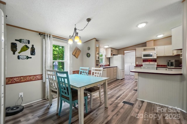 231 Valley View Dr, Clover, SC 29710 - dining space with separate washer and dryer, wood finished floors, a textured ceiling, and lofted ceiling