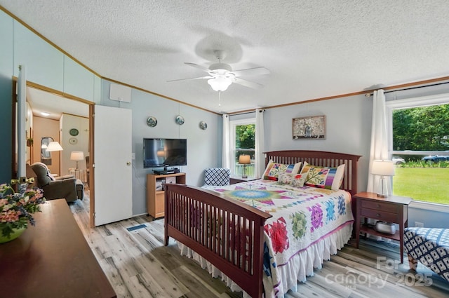 231 Valley View Dr, Clover, SC 29710 - bedroom featuring ornamental molding, light wood-type flooring, multiple windows, lofted ceiling, and a textured ceiling