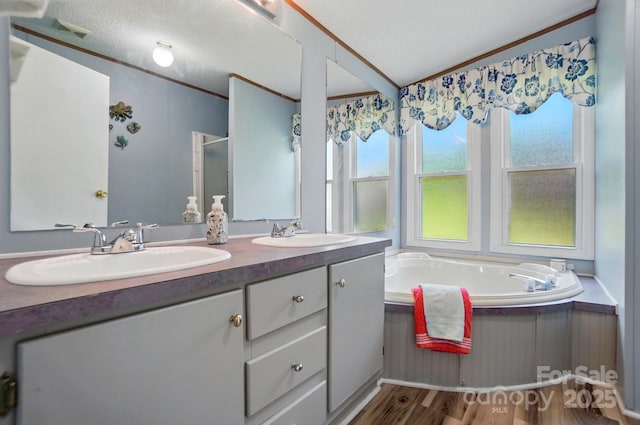 231 Valley View Dr, Clover, SC 29710 - bathroom featuring a garden tub, double vanity, a stall shower, and wood finished floors