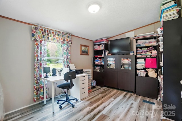 231 Valley View Dr, Clover, SC 29710 - office featuring crown molding, light wood-type flooring, and lofted ceiling