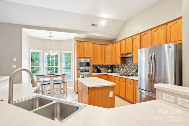 105 Prairie Rose Ct, Waxhaw, NC 28173 - kitchen with a sink, stainless steel appliances, under cabinet range hood, decorative backsplash, and light countertops