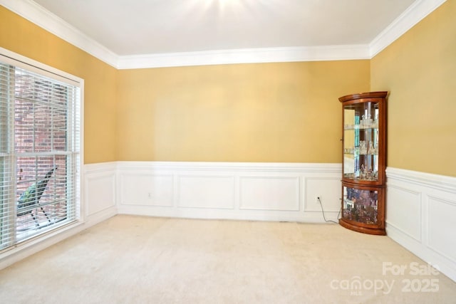 105 Prairie Rose Ct, Waxhaw, NC 28173 - unfurnished room featuring light carpet, crown molding, healthy amount of natural light, a wainscoted wall, and a decorative wall