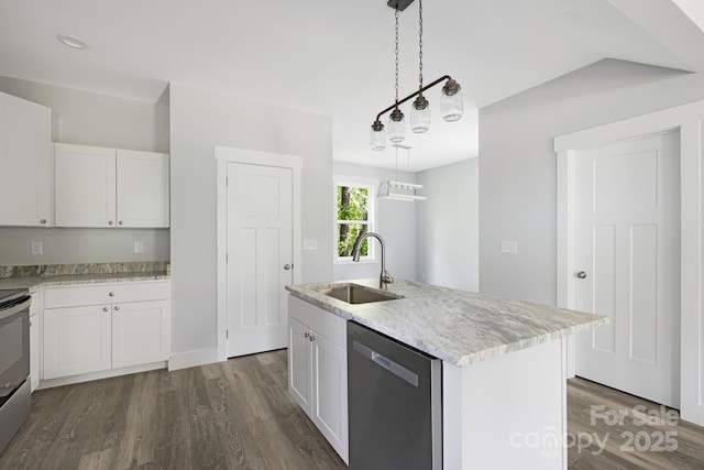 156 Mingus Hill Rd, Canton, NC 28716 - kitchen with stainless steel appliances, a sink, dark wood-style floors, and white cabinets