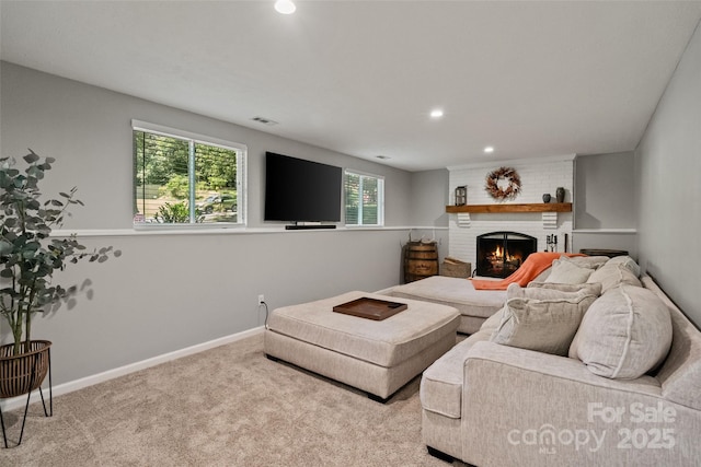 7018 Rollingridge Dr, Charlotte, NC 28211 - living area featuring a brick fireplace, recessed lighting, carpet, and baseboards