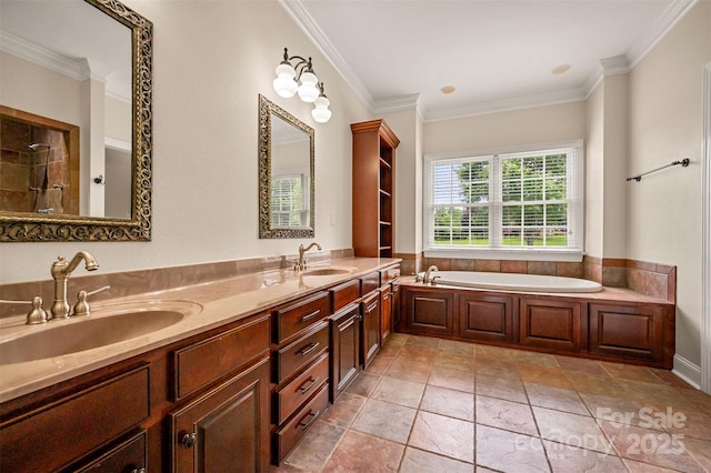 182 Kensington Dr, Forest City, NC 28043 - full bathroom featuring a bath, double vanity, crown molding, and tiled shower