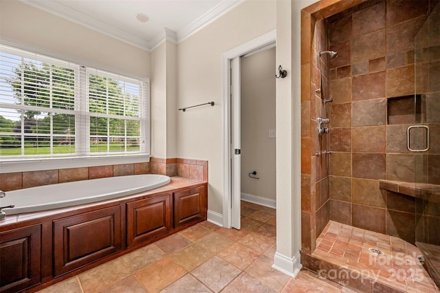 182 Kensington Dr, Forest City, NC 28043 - bathroom with a bath, a stall shower, and crown molding