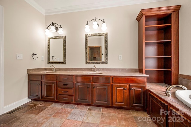 182 Kensington Dr, Forest City, NC 28043 - bathroom with double vanity, crown molding, a tub, baseboards, and stone finish flooring