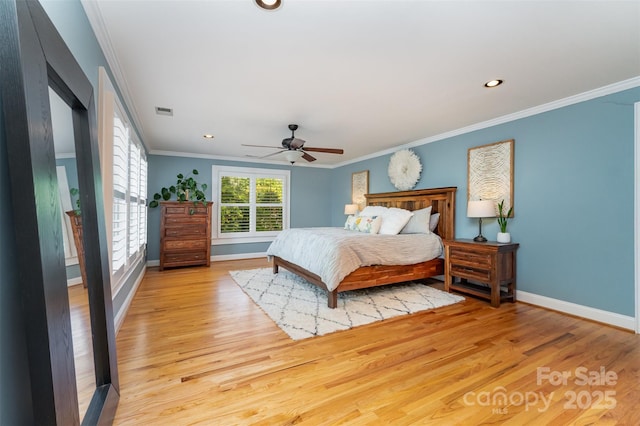 141 Eastover Dr SE, Concord, NC 28025 - bedroom featuring baseboards, light wood finished floors, crown molding, recessed lighting, and ceiling fan