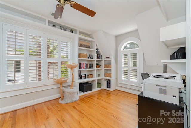 141 Eastover Dr SE, Concord, NC 28025 - office area featuring wood finished floors, baseboards, and a ceiling fan