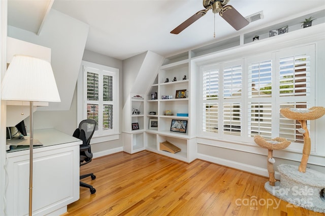 141 Eastover Dr SE, Concord, NC 28025 - home office with light wood finished floors, a ceiling fan, baseboards, and built in features