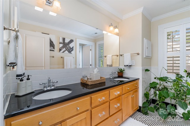 141 Eastover Dr SE, Concord, NC 28025 - full bath with healthy amount of natural light, double vanity, tile walls, and crown molding