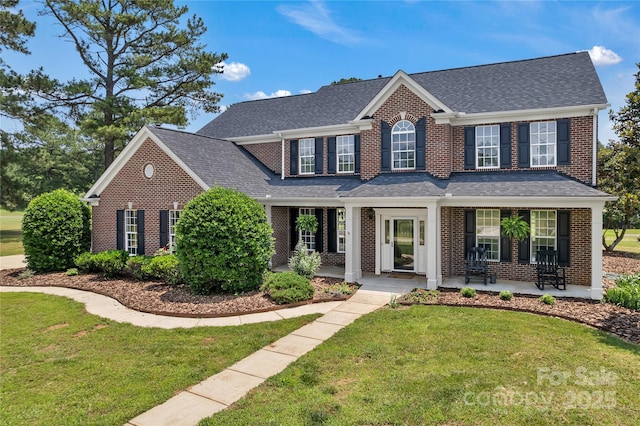 3068 River Rd, Shelby, NC 28152 - view of front of property with brick siding, roof with shingles, a front yard, and a porch