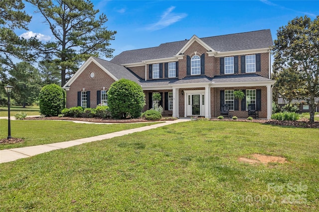 3068 River Rd, Shelby, NC 28152 - view of front facade featuring brick siding, a front yard, and roof with shingles