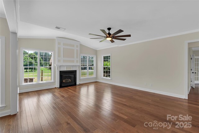 3068 River Rd, Shelby, NC 28152 - unfurnished living room featuring a ceiling fan, lofted ceiling, baseboards, wood-type flooring, and a glass covered fireplace