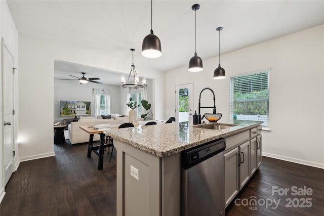 5113 Saddleback Dr, Mount Holly, NC 28120 - kitchen featuring a sink, dishwasher, dark wood-type flooring, light stone countertops, and a ceiling fan