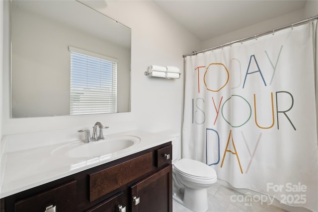 5113 Saddleback Dr, Mount Holly, NC 28120 - bathroom with vanity, toilet, tile patterned flooring, and curtained shower