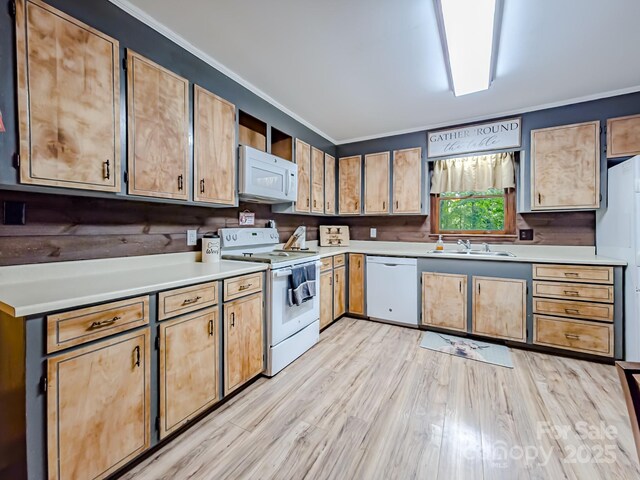 206 Logan Dr, Blacksburg, SC 29702 - kitchen featuring white appliances, light countertops, light wood-type flooring, ornamental molding, and a sink