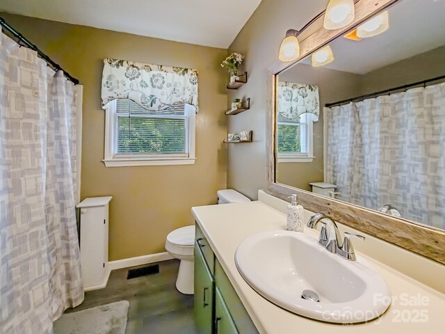206 Logan Dr, Blacksburg, SC 29702 - full bathroom with toilet, vanity, baseboards, a shower with shower curtain, and concrete flooring